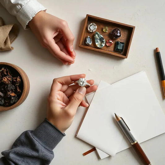 Handcrafted engagement ring on a neutral surface with gemstone swatches and jeweler tools nearby