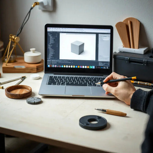 Designer reviewing a 3D CAD model on a laptop with prototype parts on a clean workbench