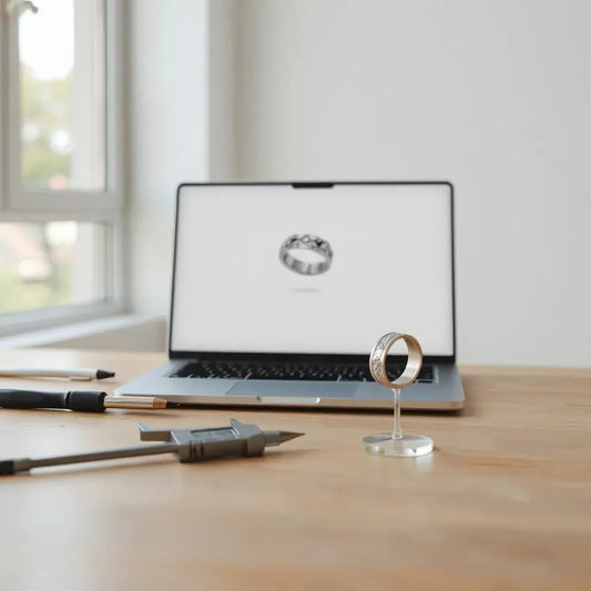 Designer’s workstation with laptop showing a 3D CAD ring model, calipers, and a small 3D-printed prototype