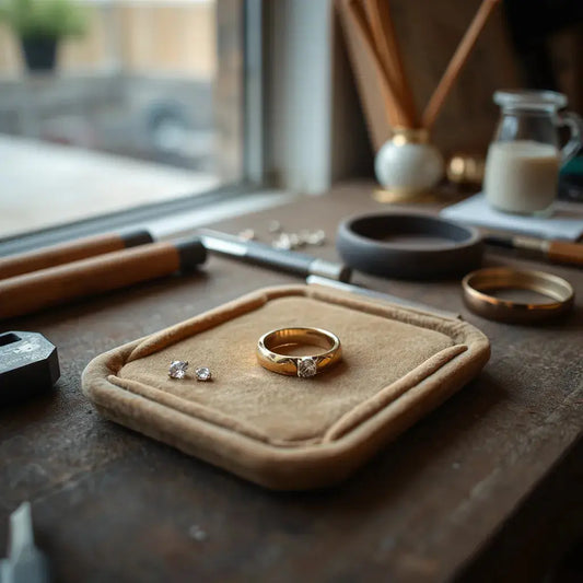 Jeweler crafting a custom engagement ring with a gold band, gemstone pieces, and tools on a velvet tray