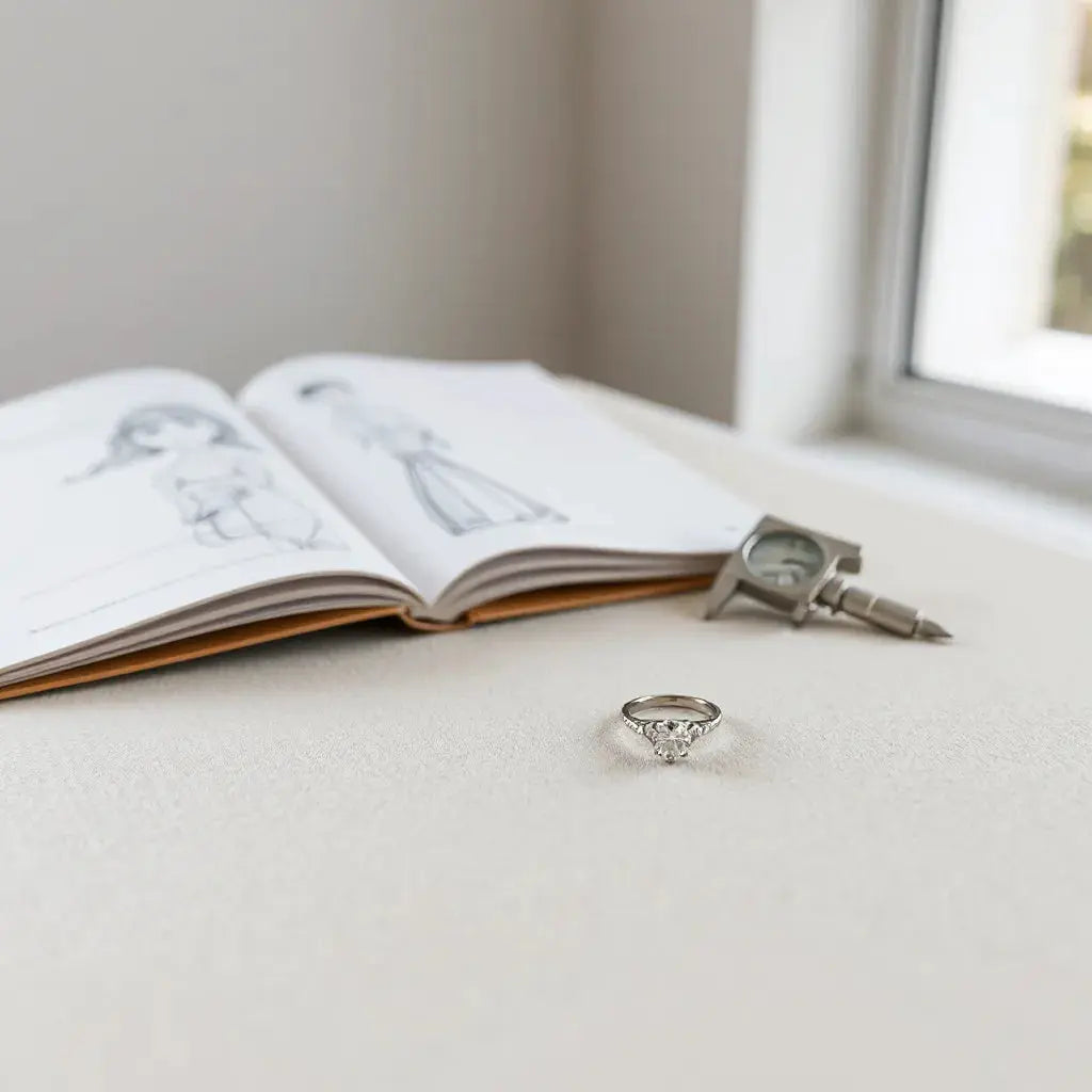 Diamond engagement ring on a jeweler’s bench with design sketches and measuring tools nearby