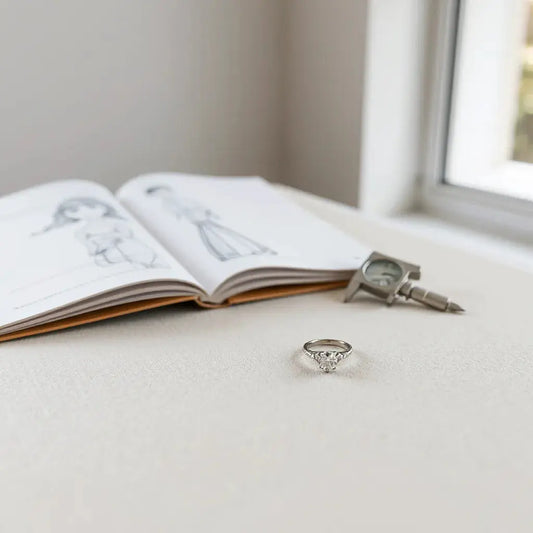 Diamond engagement ring on a jeweler’s bench with design sketches and measuring tools nearby