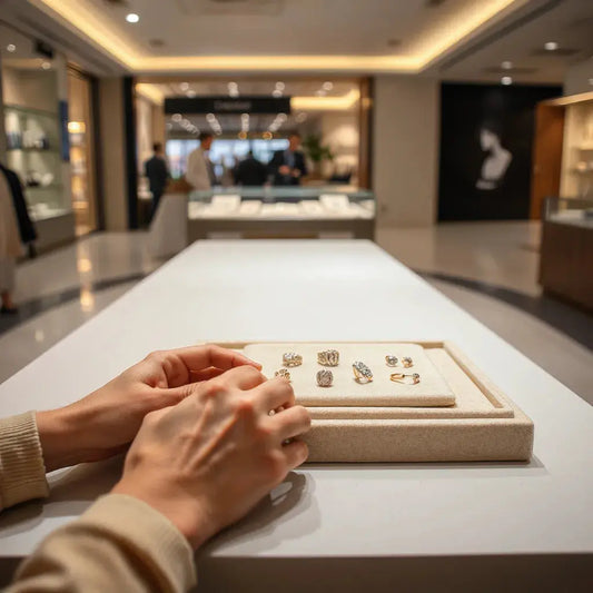 Jeweler’s hands inspecting diamond and gold jewelry pieces on a neutral display tray