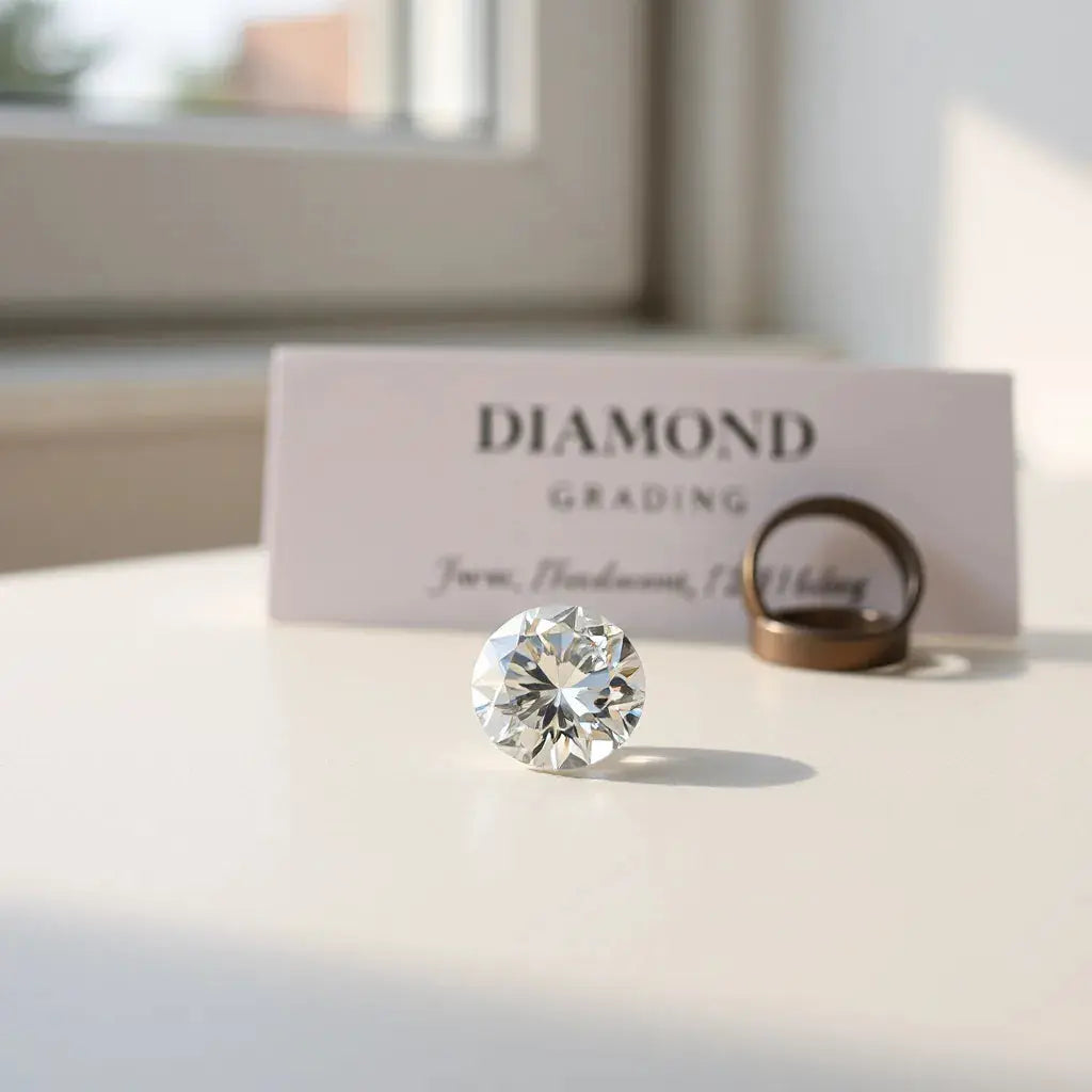 Lab grown diamond resting on a neutral surface with soft light and subtle sparkle