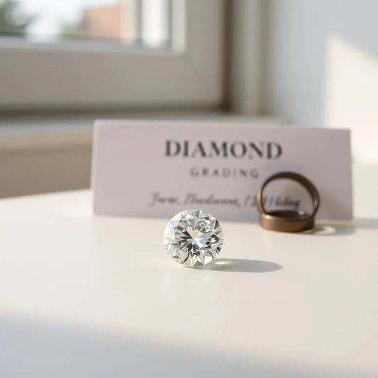 Lab grown diamond resting on a neutral surface with soft light and subtle sparkle