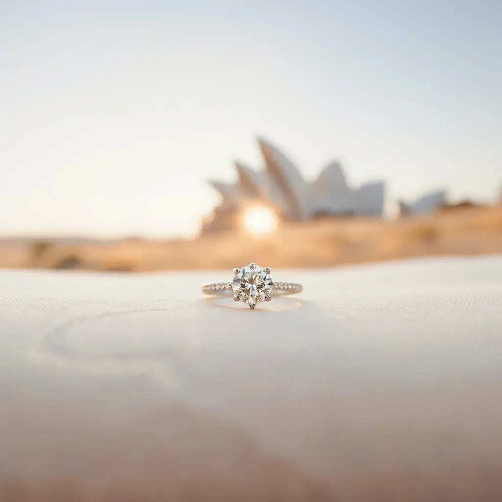 Diamond engagement ring with a solitaire setting on a neutral background with soft natural light