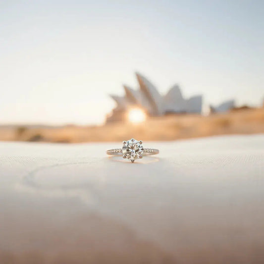 Diamond engagement ring with a solitaire setting on a neutral background with soft natural light