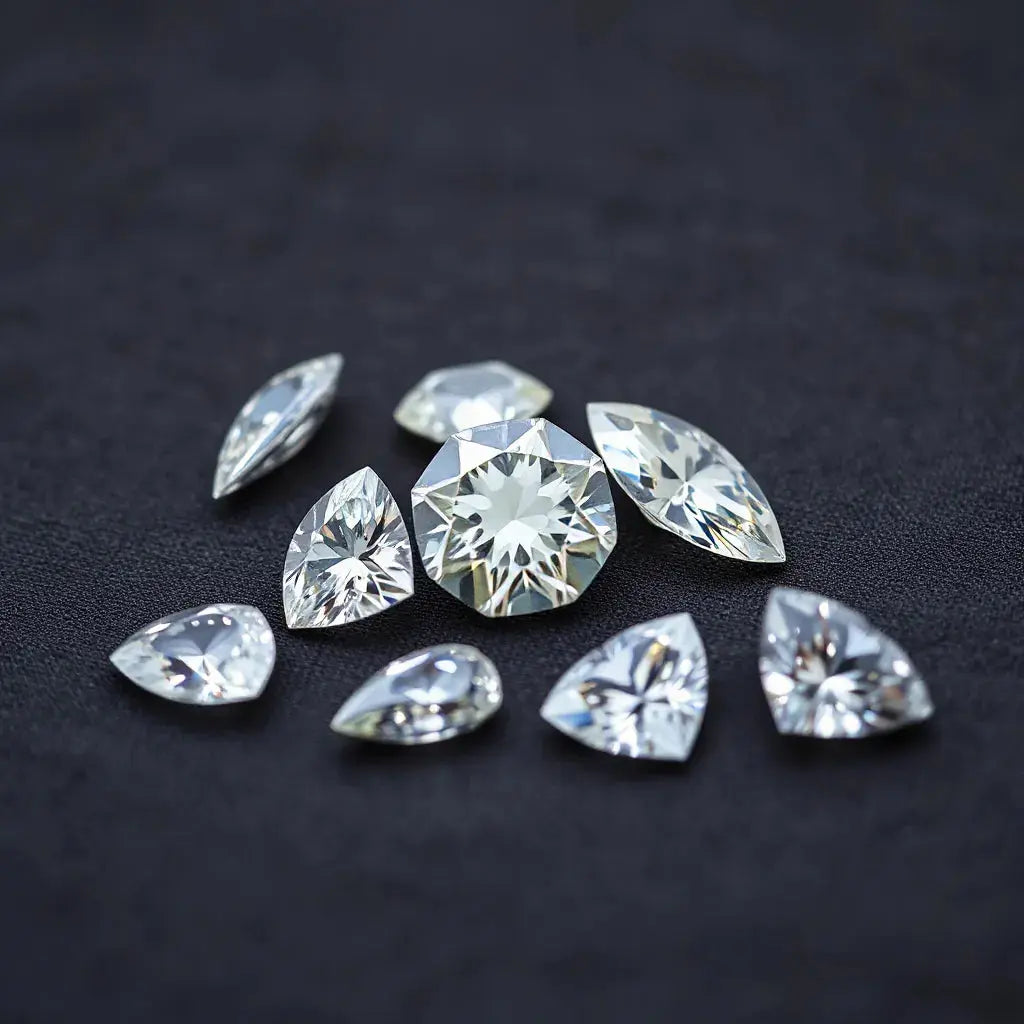 Loose diamonds in different unique shapes on a dark fabric with soft studio lighting