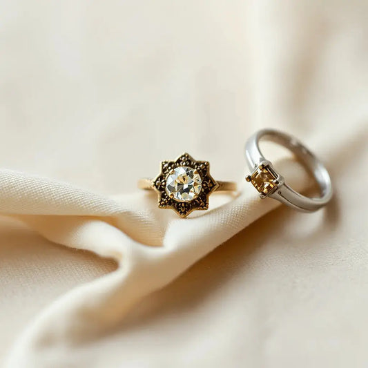Antique-inspired rings with ornate settings and faceted gemstones arranged on neutral fabric