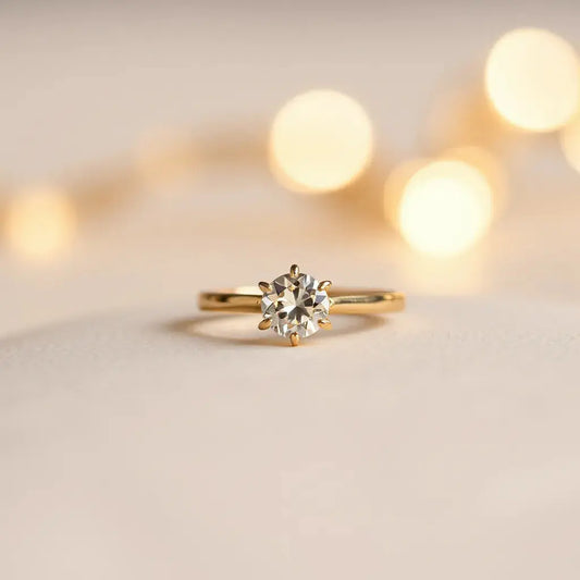 18K gold engagement ring with a central gemstone on a neutral background