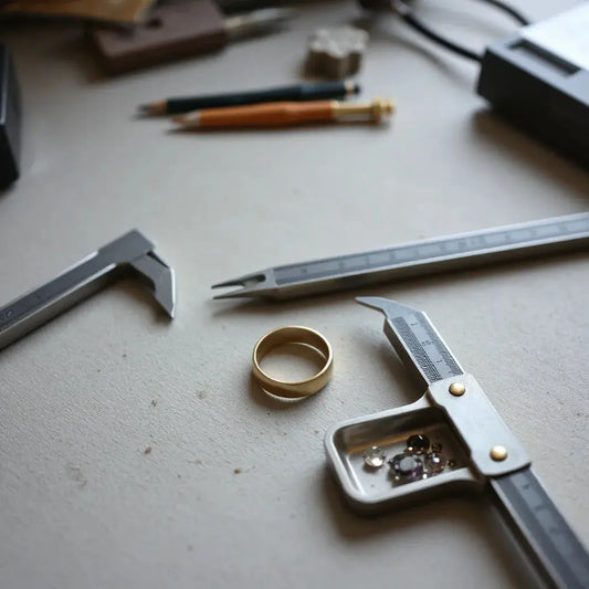 Jeweller’s bench with custom ring design, tools, and small gemstone tray under soft light
