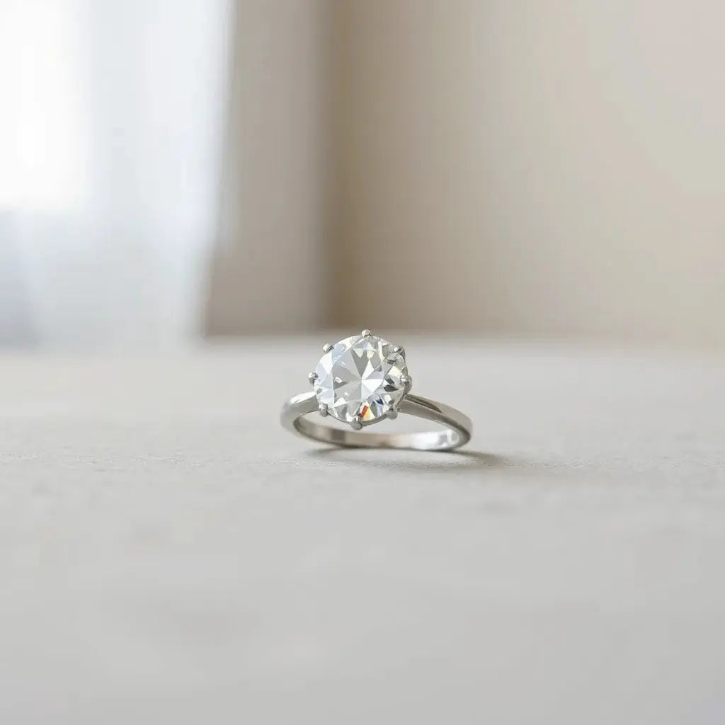 Moval lab diamond solitaire ring with soft natural light and subtle sparkle on a neutral background