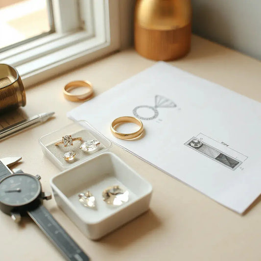 Gold ring design mockup with gemstone options and sizing tools on a jeweler’s desk