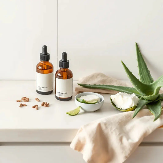 Natural skincare bottles with droppers next to aloe leaves and shea butter on a neutral countertop
