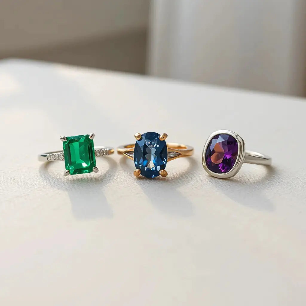 Three gemstone rings with emerald, sapphire, and amethyst stones on neutral fabric under soft light