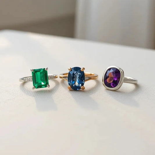 Three gemstone rings with emerald, sapphire, and amethyst stones on neutral fabric under soft light