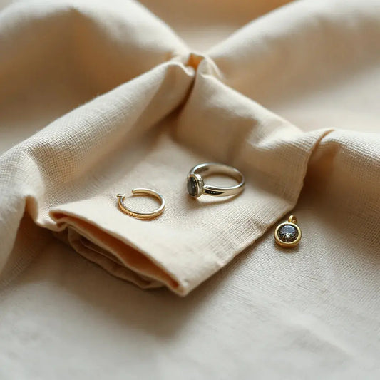 Handcrafted earrings, ring, and pendant with subtle gemstones on linen under soft natural light