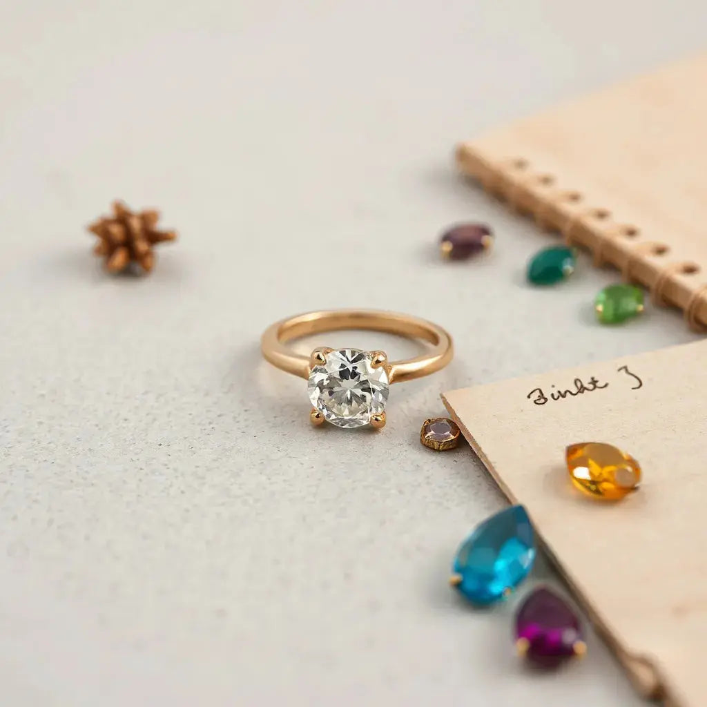 Handcrafted gold engagement ring with a diamond center stone on a clean neutral surface