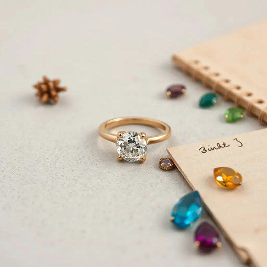 Handcrafted gold engagement ring with a diamond center stone on a clean neutral surface