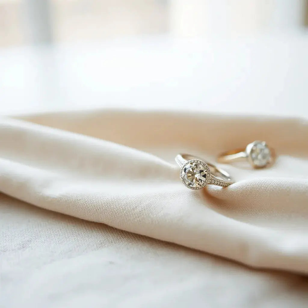 Two engagement rings with diamond center stones resting on neutral fabric under soft natural light