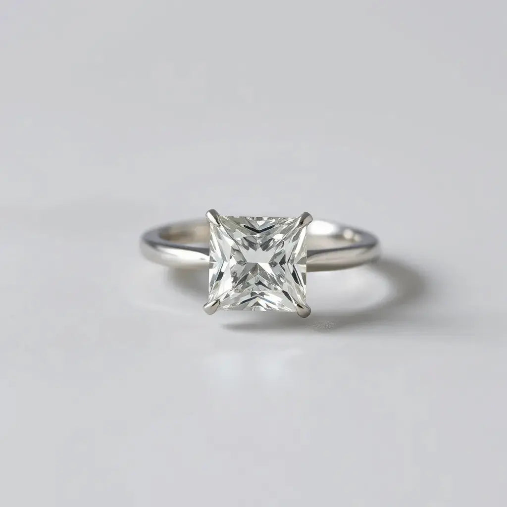 Princess cut diamond ring with square facets and a simple band on a light gray background