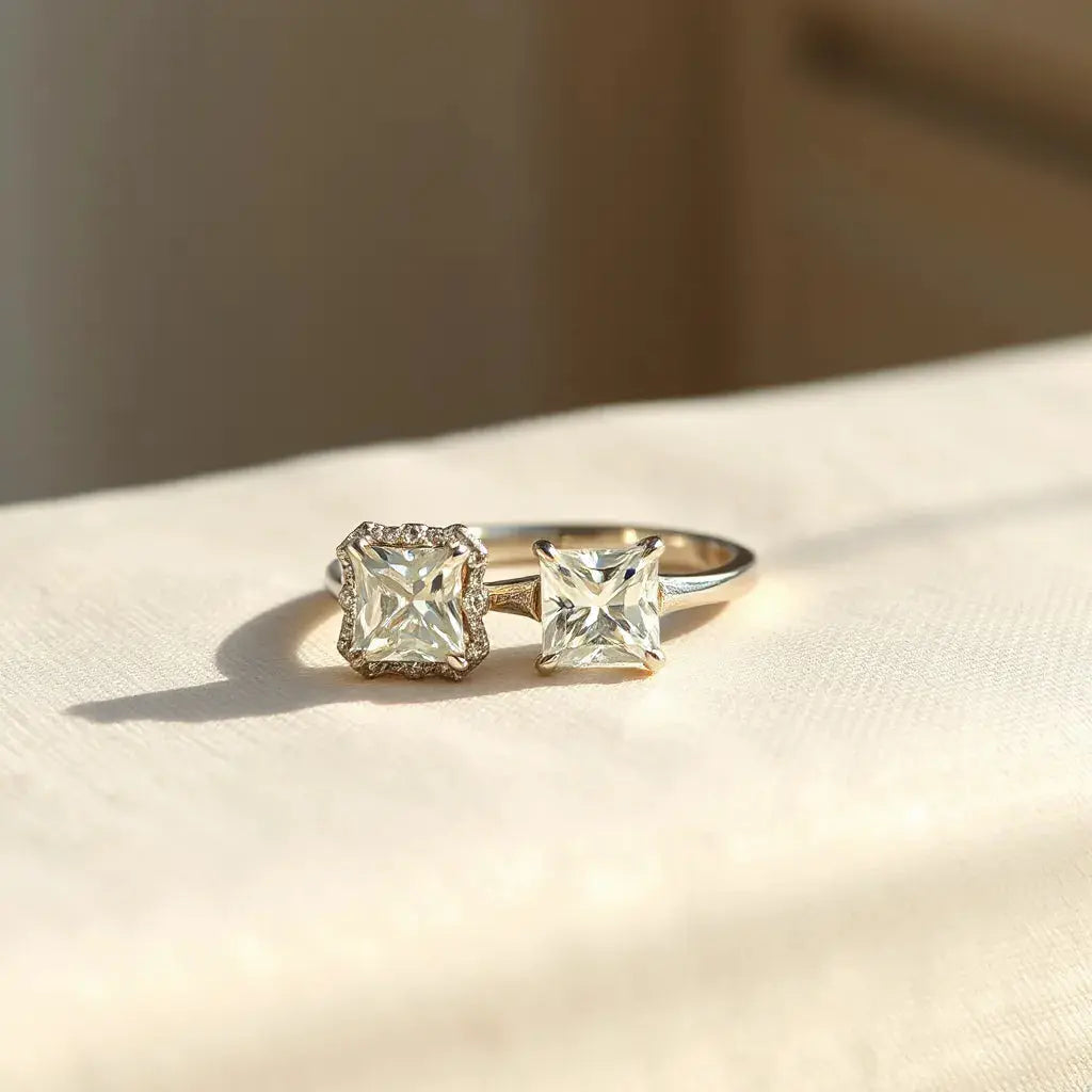 Two princess cut diamond wedding rings with square facets in warm natural light