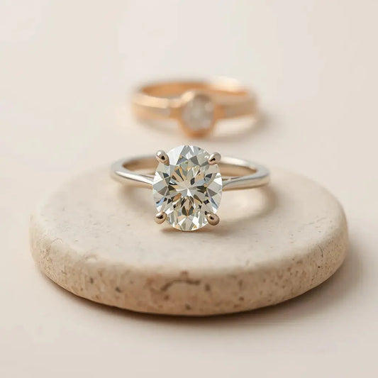 Oval diamond ring with a classic prong setting on a clean neutral background