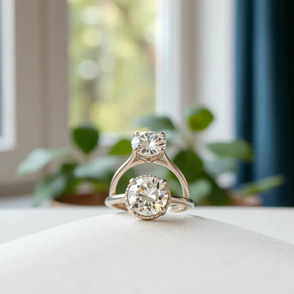 Sparkling diamond engagement ring with halo setting on a neutral background with soft natural light