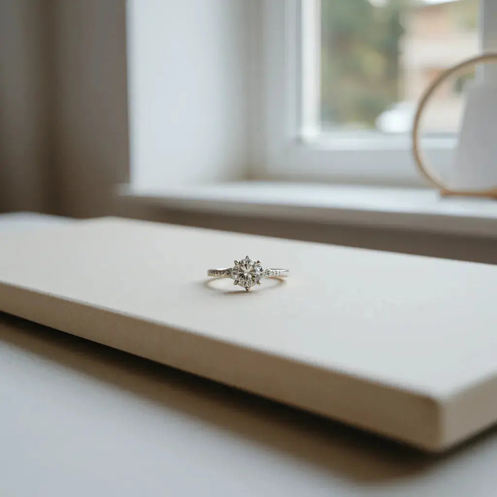 Two engagement rings with a solitaire stone and delicate band under soft natural light