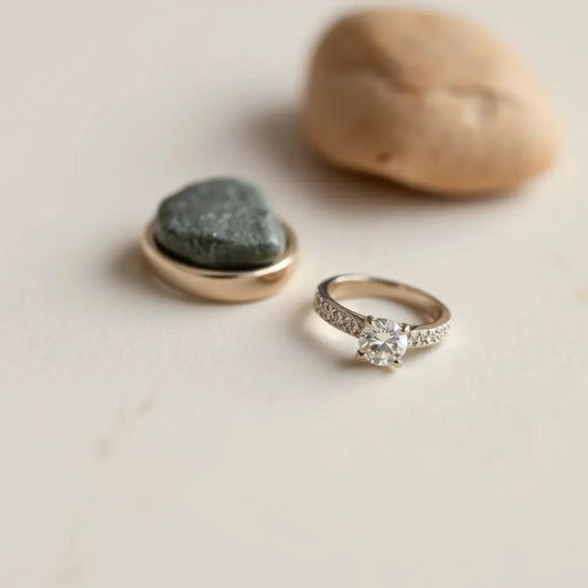Pavé set diamond ring with sparkling pavé stones on a neutral background