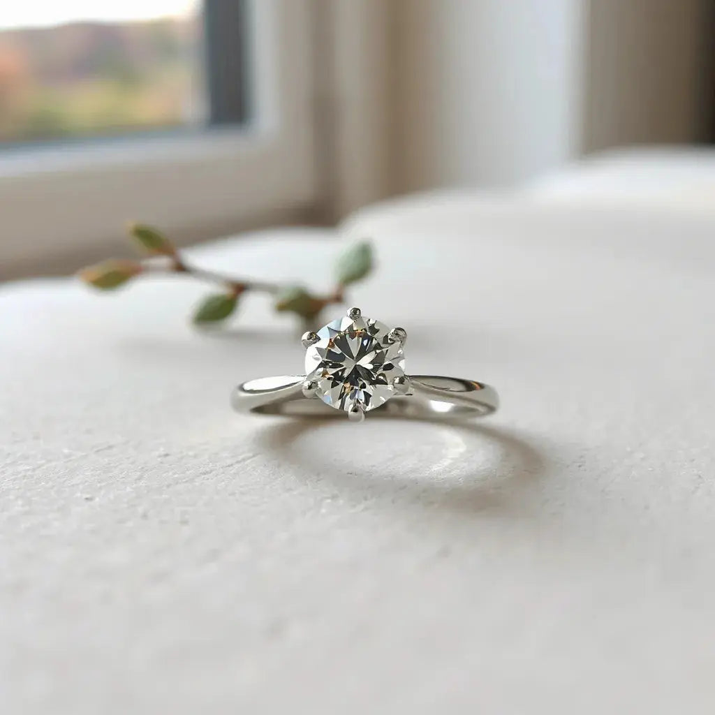 A brilliant diamond engagement ring on a light background with soft window lighting