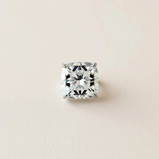 Radiant cut diamond with crisp facets in a simple solitaire setting under soft studio light