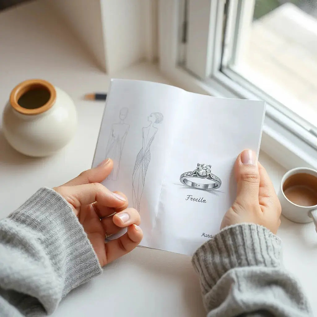 A diamond engagement ring with custom details alongside a design sketch on a clean neutral surface
