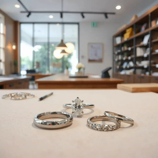 A jeweler’s bench with a sparkling solitaire engagement ring and several ring settings under soft lighting