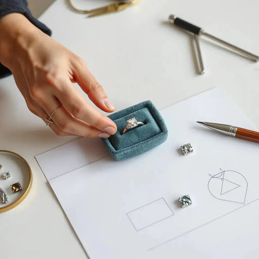 Hands fitting a gemstone into a custom engagement ring setting on a clean jewelry workbench
