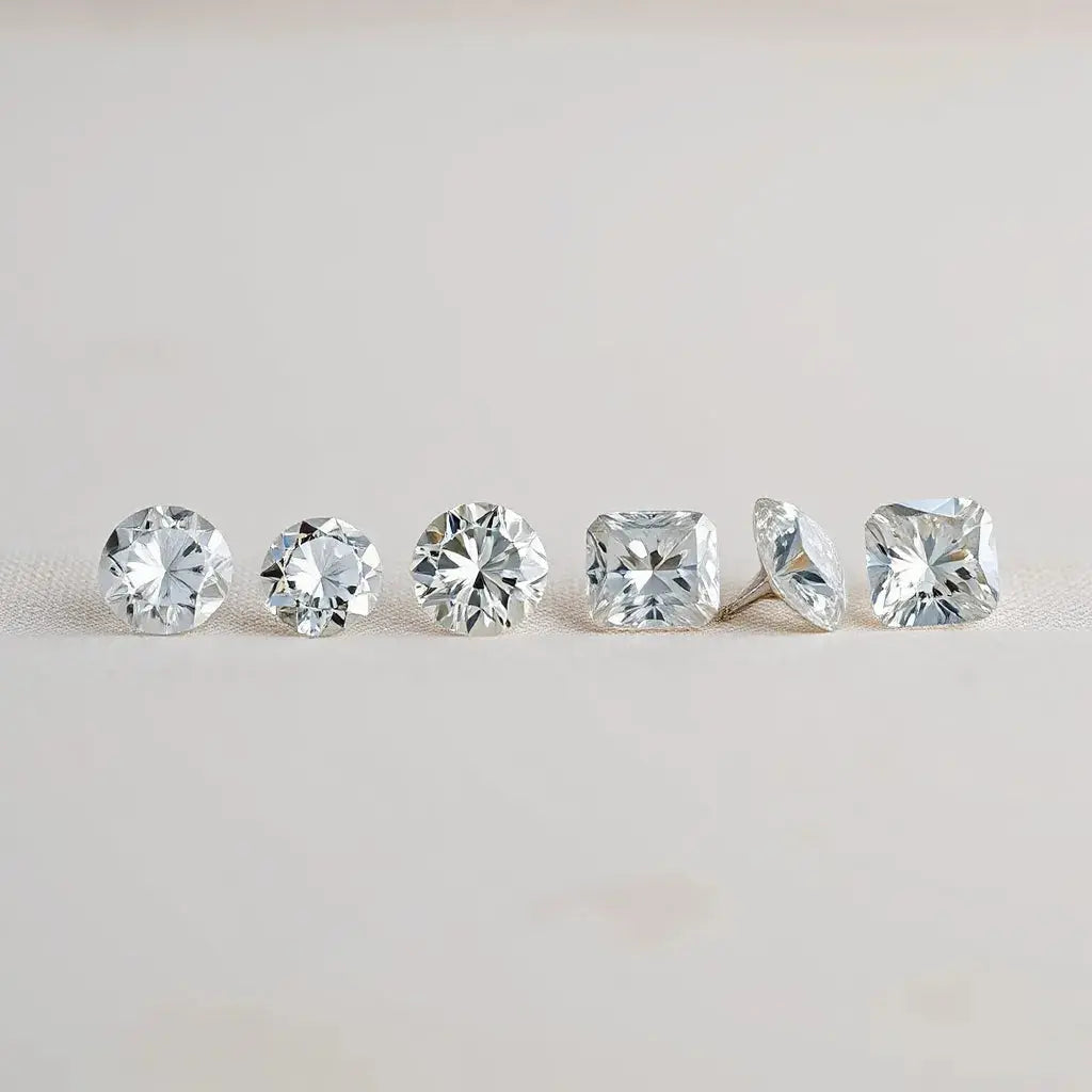 Multiple diamonds showing different cuts with distinct facets and sparkle on a neutral background