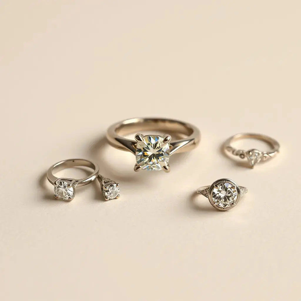 Diamond engagement rings showcasing prong halo, bezel, and split-shank unique settings on a neutral background