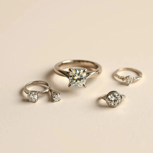 Diamond engagement rings showcasing prong halo, bezel, and split-shank unique settings on a neutral background