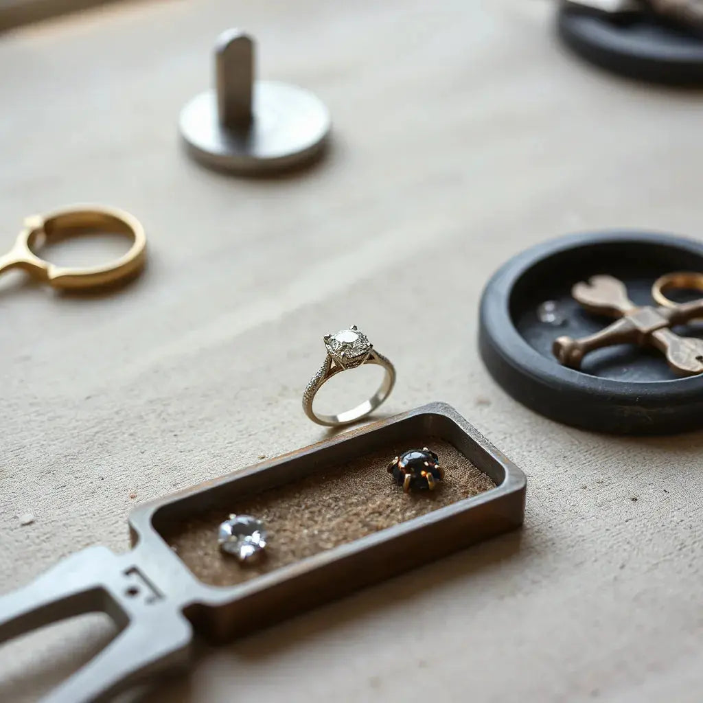 Elegant engagement ring on a jeweller’s workbench with gemstone tools and a display tray nearby