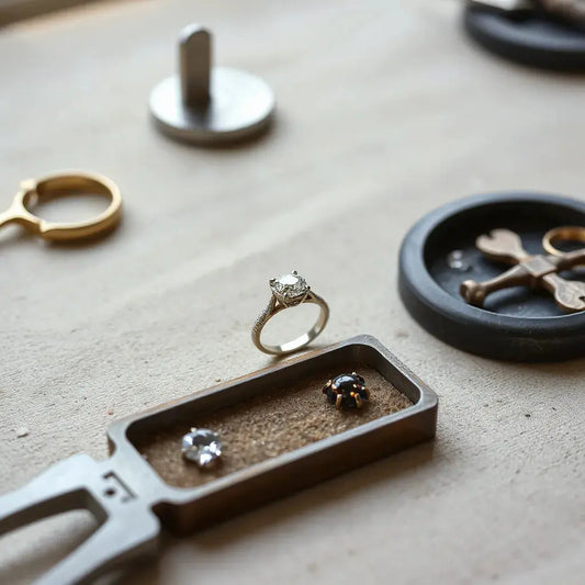 Elegant engagement ring on a jeweller’s workbench with gemstone tools and a display tray nearby