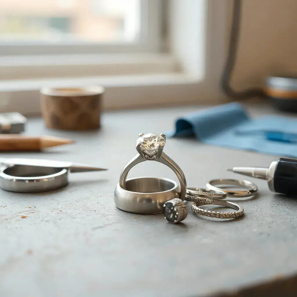 A jeweler’s workbench with a custom engagement ring setting and diamond under soft natural light