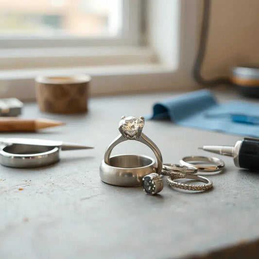 A jeweler’s workbench with a custom engagement ring setting and diamond under soft natural light