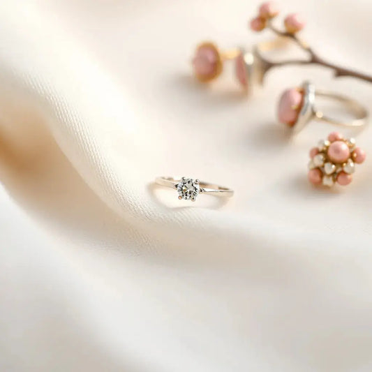 Classic solitaire rings with a single diamond set on a slim band against a soft neutral backdrop