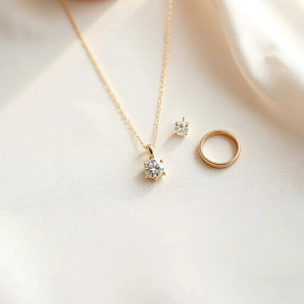 Delicate pendant necklace, stud earrings, and a slim ring arranged on neutral fabric with soft natural light