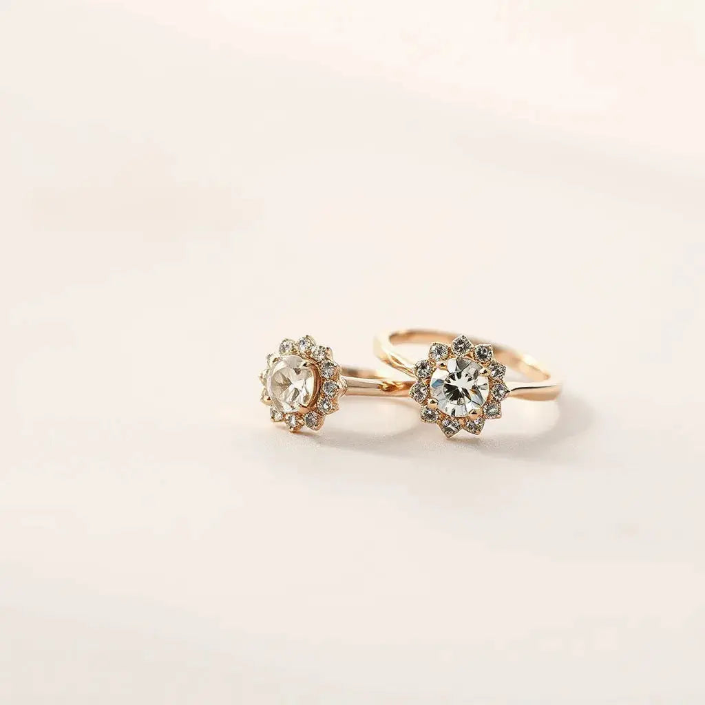 Elegant halo ring with a central stone and a delicate halo sparkle on a light neutral background