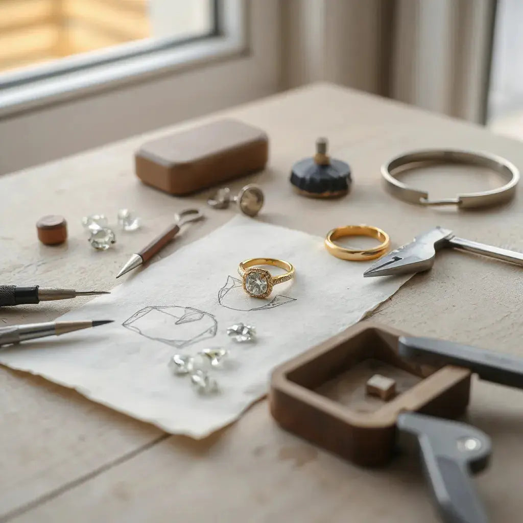 Jeweler’s workbench with diamond setting sketches, tools, and a ring component under soft light