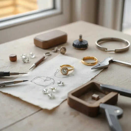 Jeweler’s workbench with diamond setting sketches, tools, and a ring component under soft light