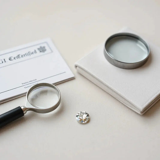 Round brilliant diamond resting on velvet with a magnifying loupe and blank certificate folder nearby