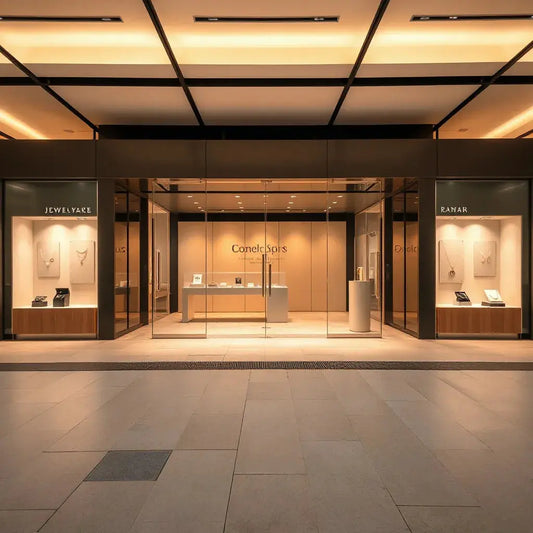 Well-lit jewellery store entrance inside a modern shopping centre with soft jewellery displays in the window