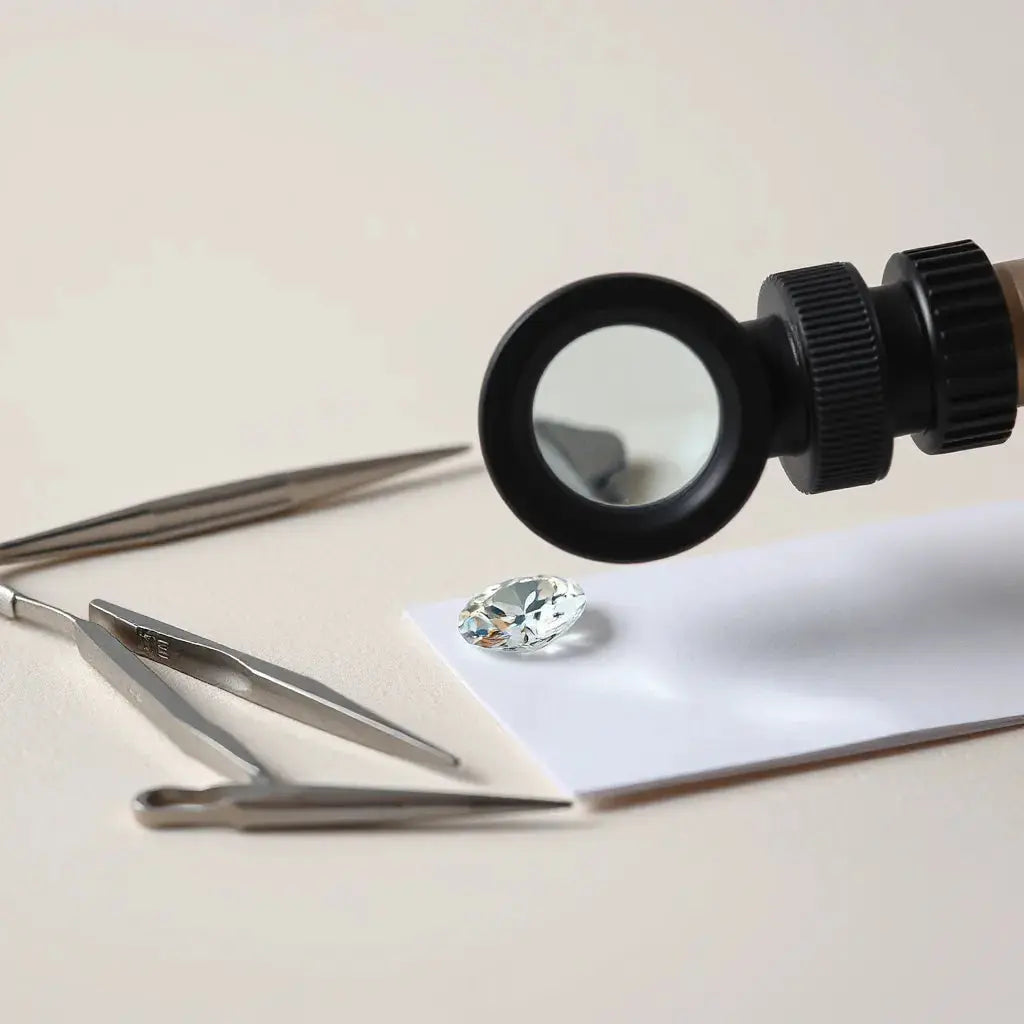 Diamond being examined under a jeweler’s loupe with simple inspection tools on a clean surface